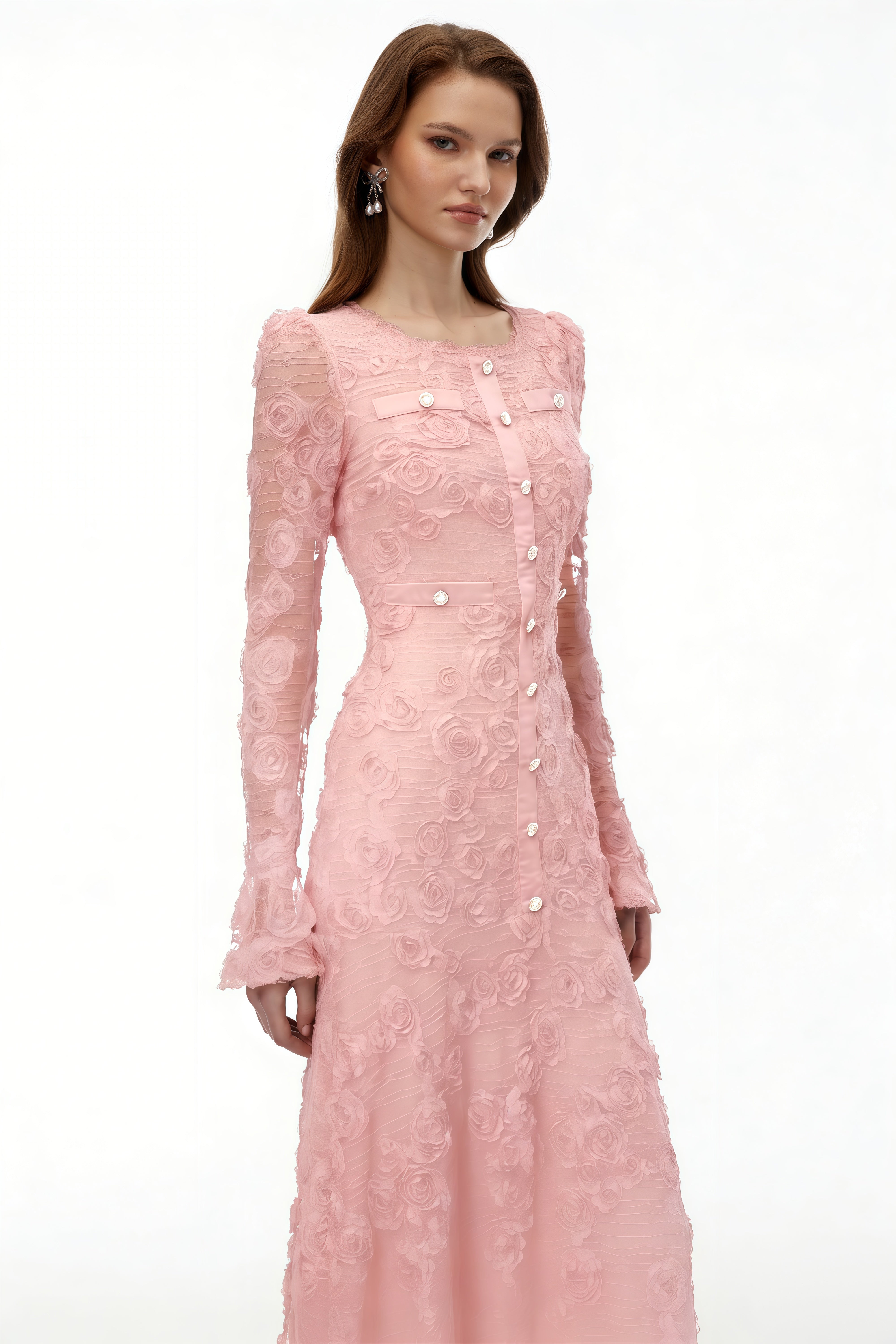Pink 3D-Floral Embroidered Lace Maxi Dress