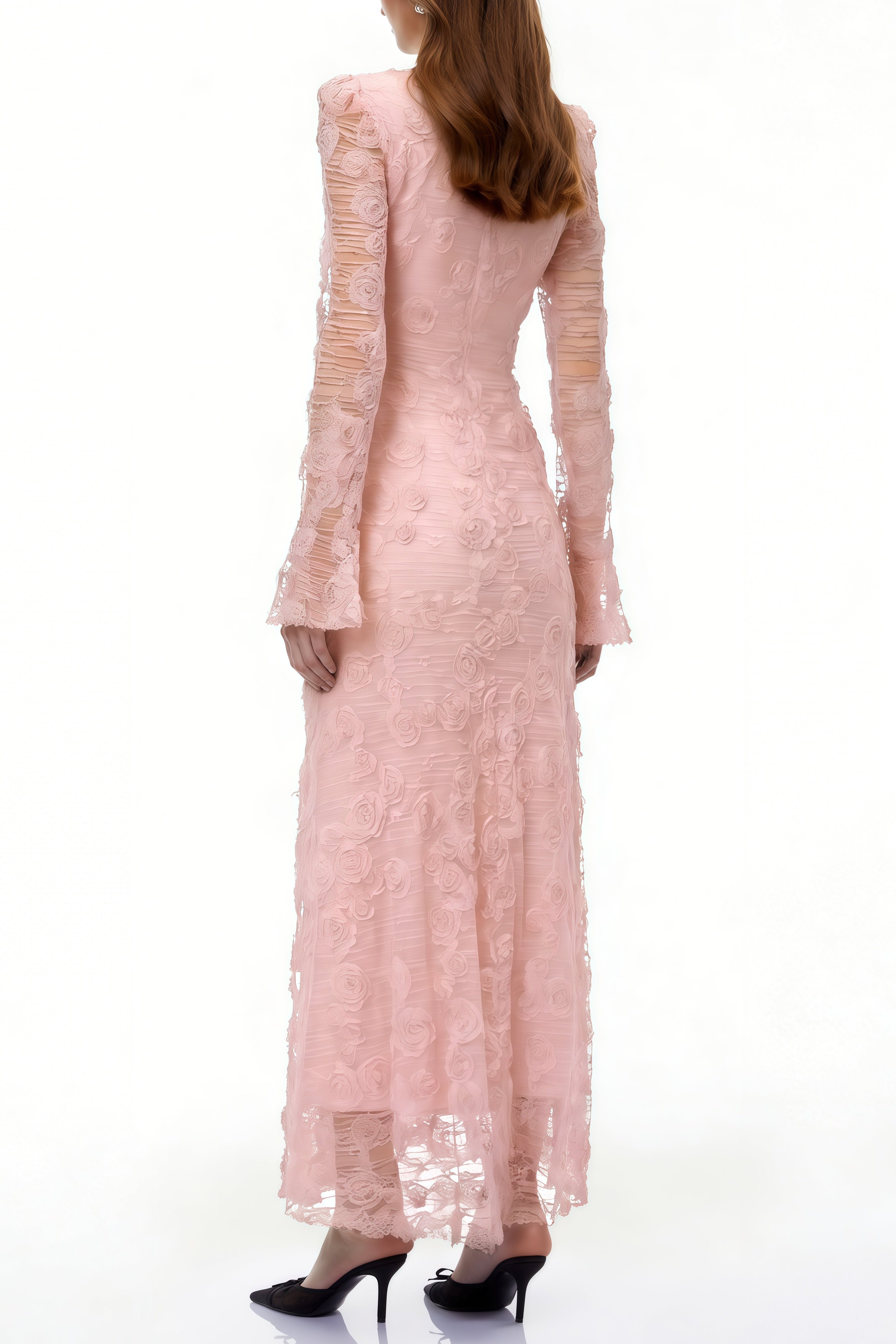 Pink 3D-Floral Embroidered Lace Maxi Dress