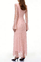 Pink 3D-Floral Embroidered Lace Maxi Dress