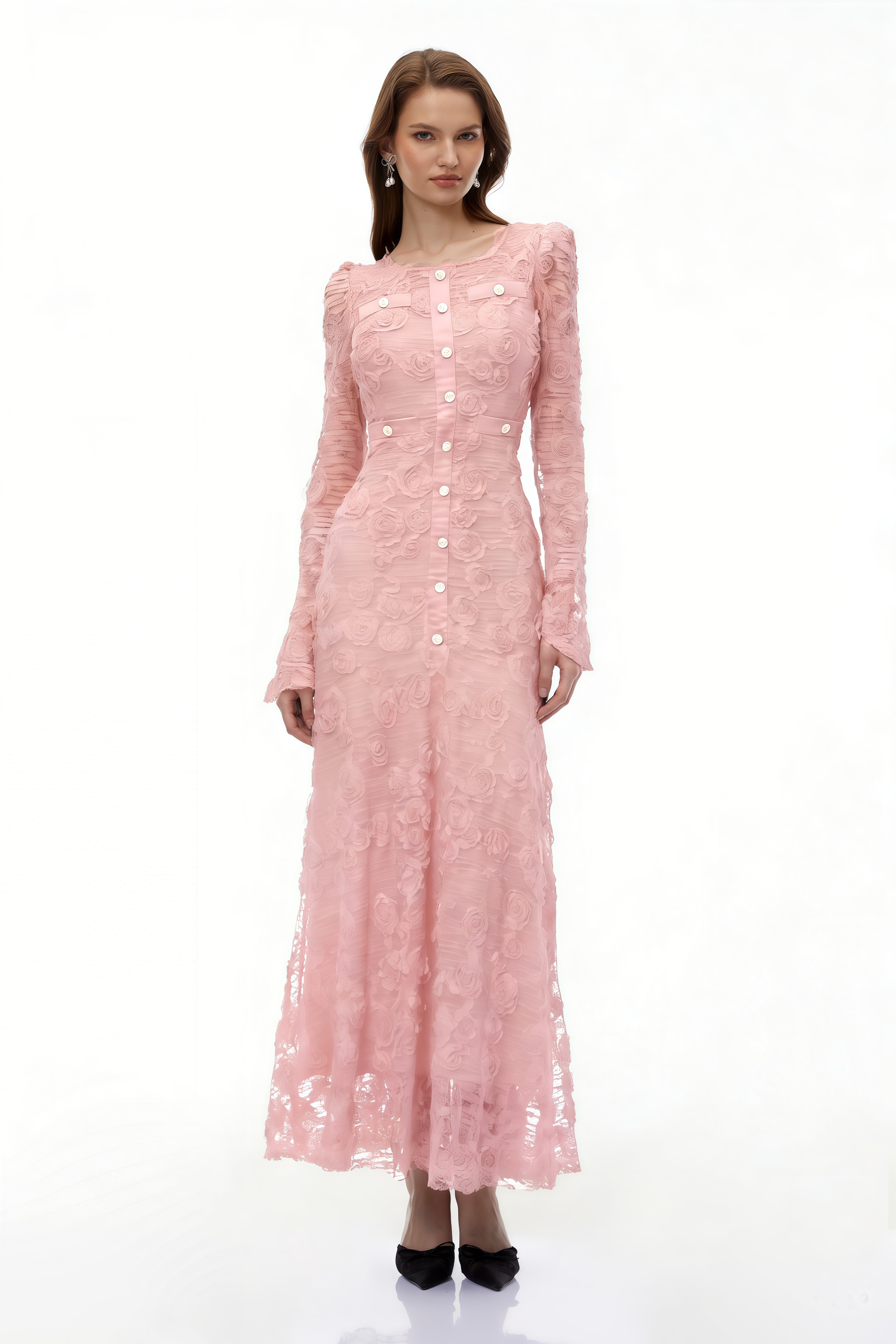 Pink 3D-Floral Embroidered Lace Maxi Dress