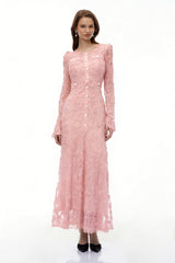 Pink 3D-Floral Embroidered Lace Maxi Dress