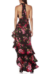 Floral Print Halter Ruffle Maxi Dress in Black