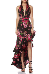 Floral Print Halter Ruffle Maxi Dress in Black