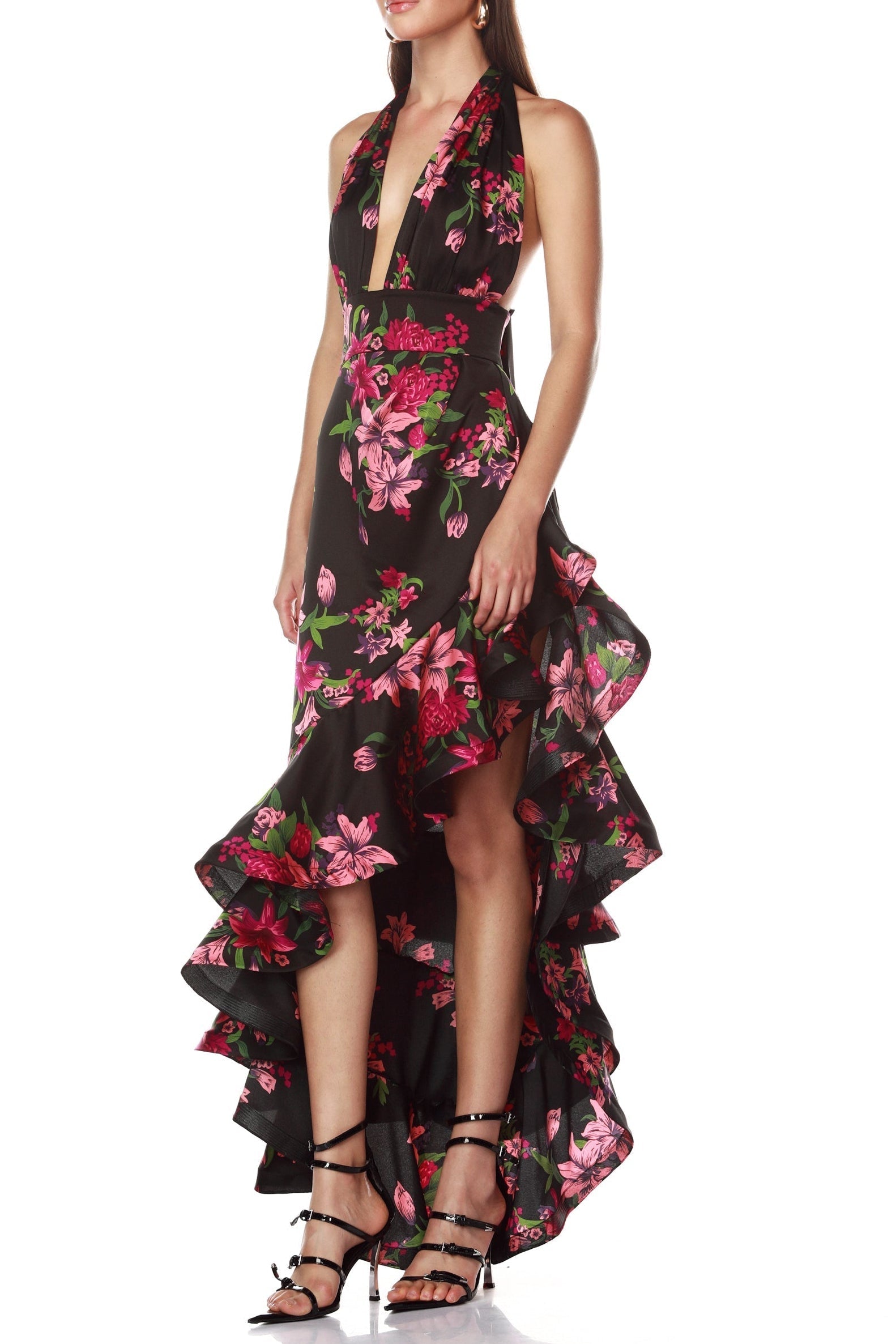 Floral Print Halter Ruffle Maxi Dress in Black