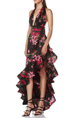 Floral Print Halter Ruffle Maxi Dress in Black