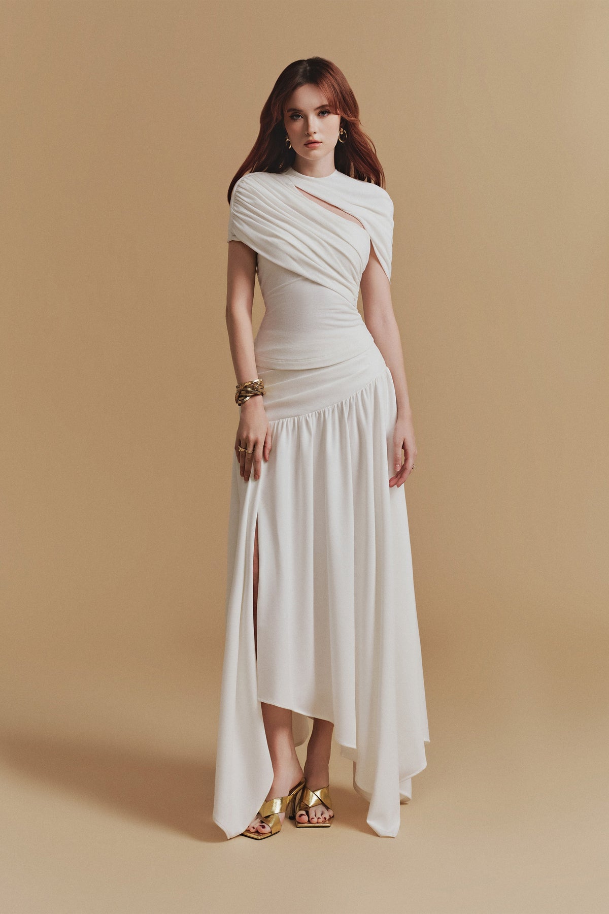 Asymmetrical Ruched Top Midi Skirt Set in White