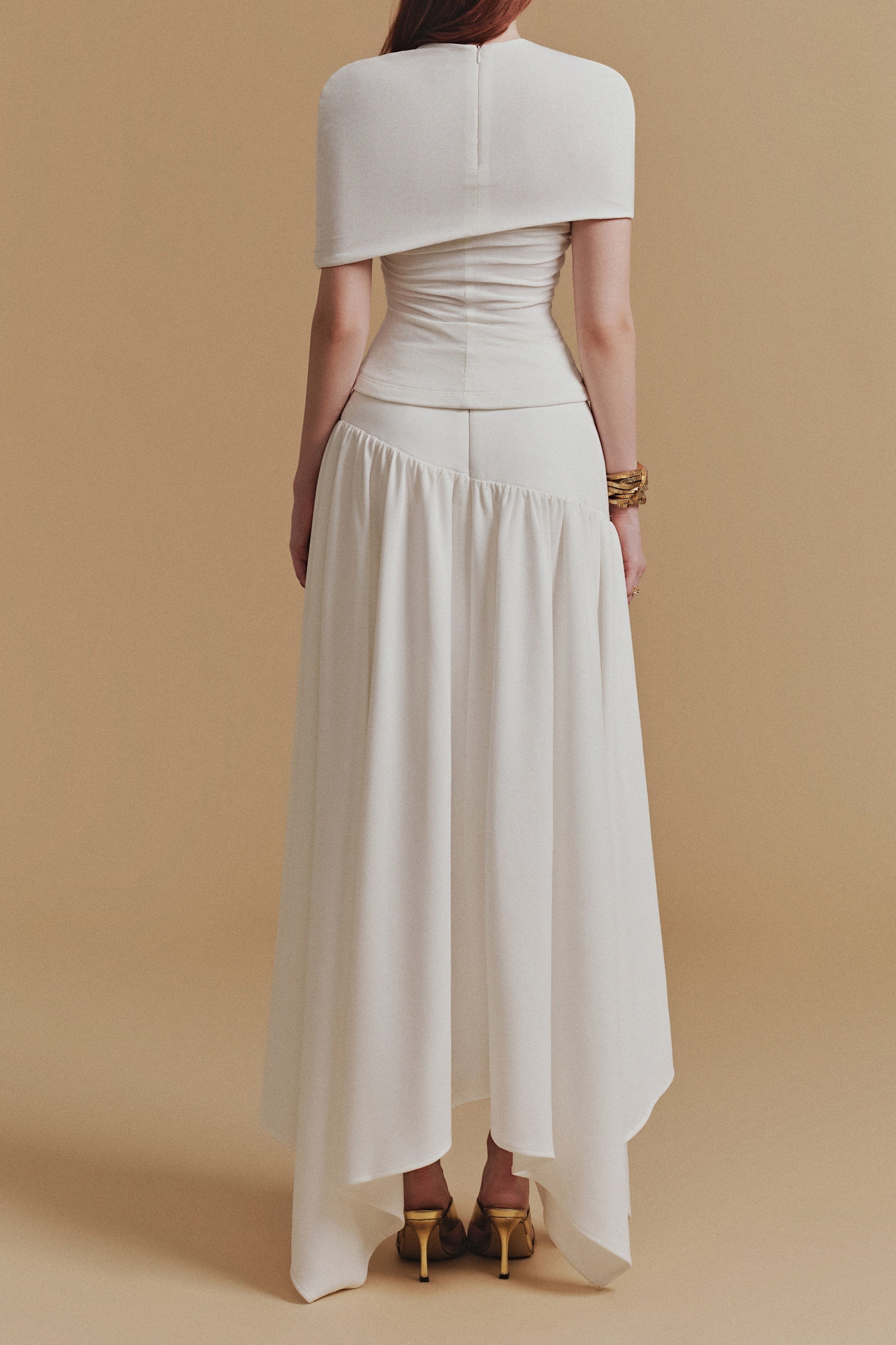 Asymmetrical Ruched Top Midi Skirt Set in White