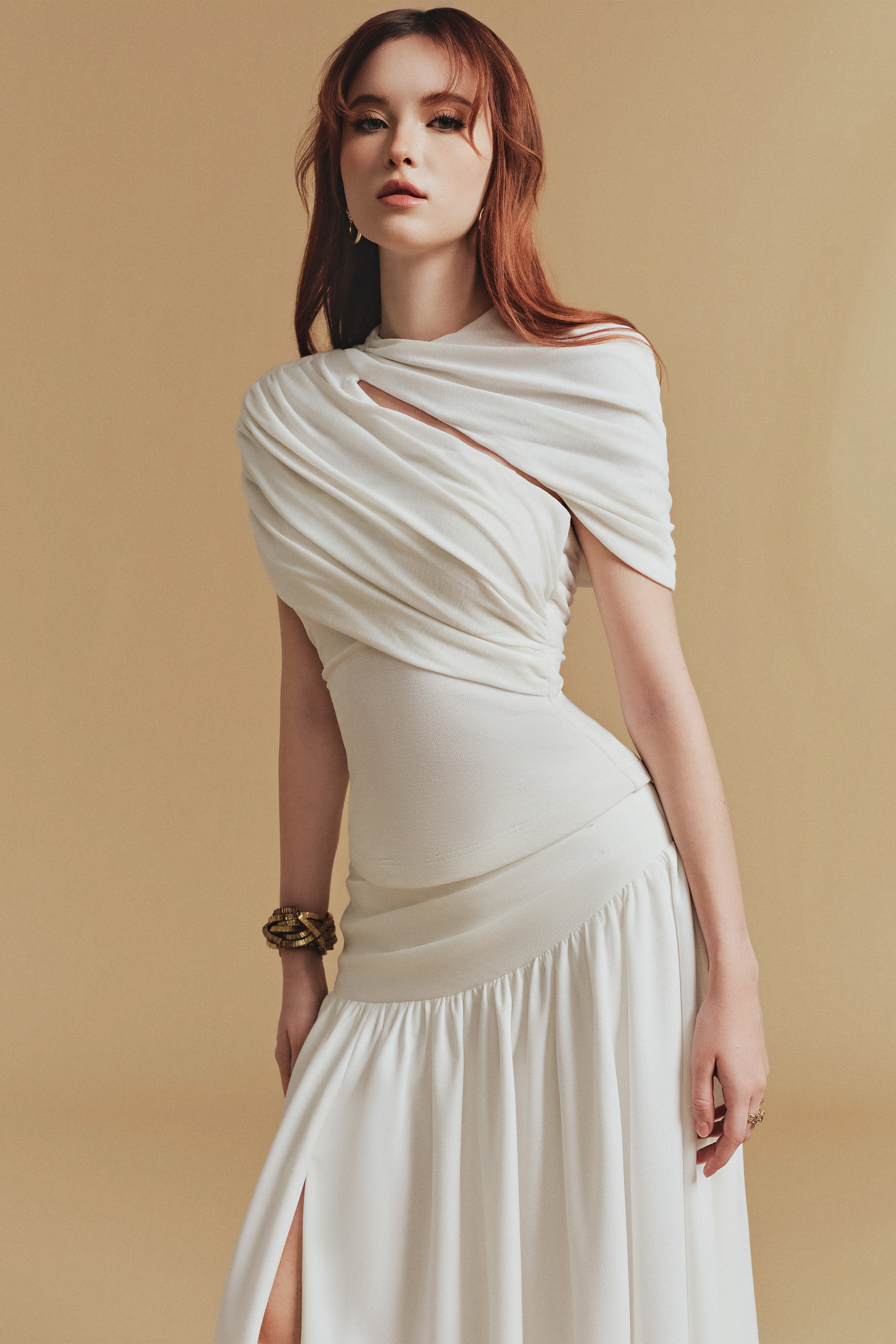 Asymmetrical Ruched Top Midi Skirt Set in White