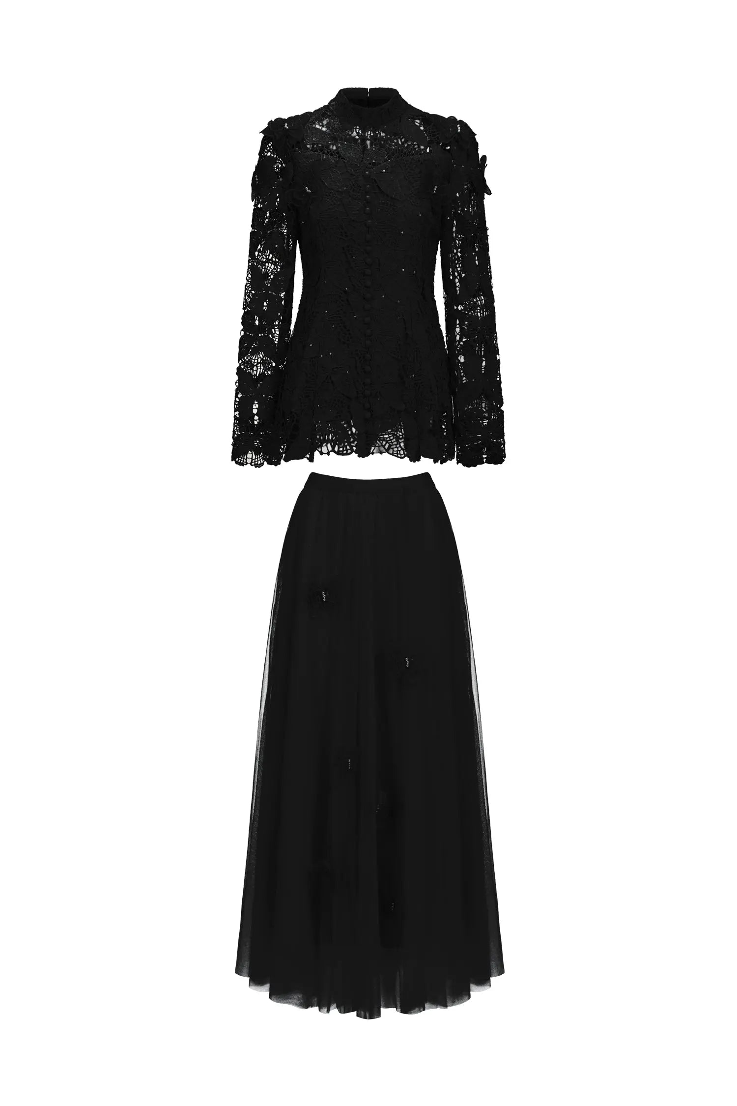 Black Long Sleeve Folds Lace Top And Skirt Two-Piece Set