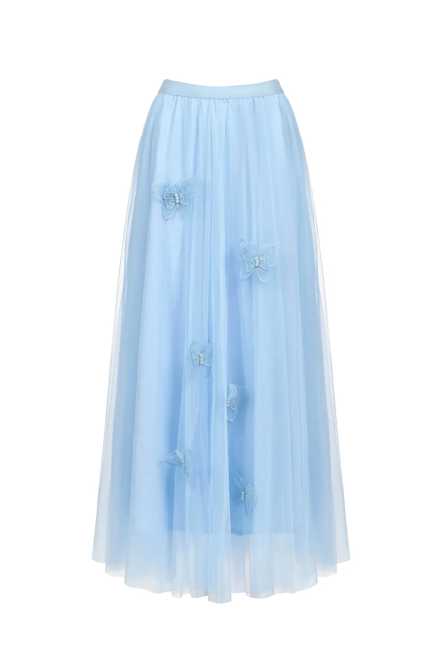 Blue Long Sleeve Folds Lace Top And Skirt Two-Piece Set