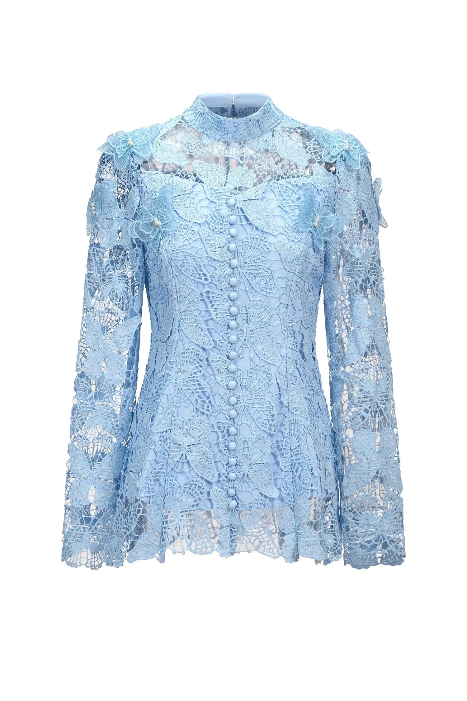 Blue Long Sleeve Folds Lace Top And Skirt Two-Piece Set