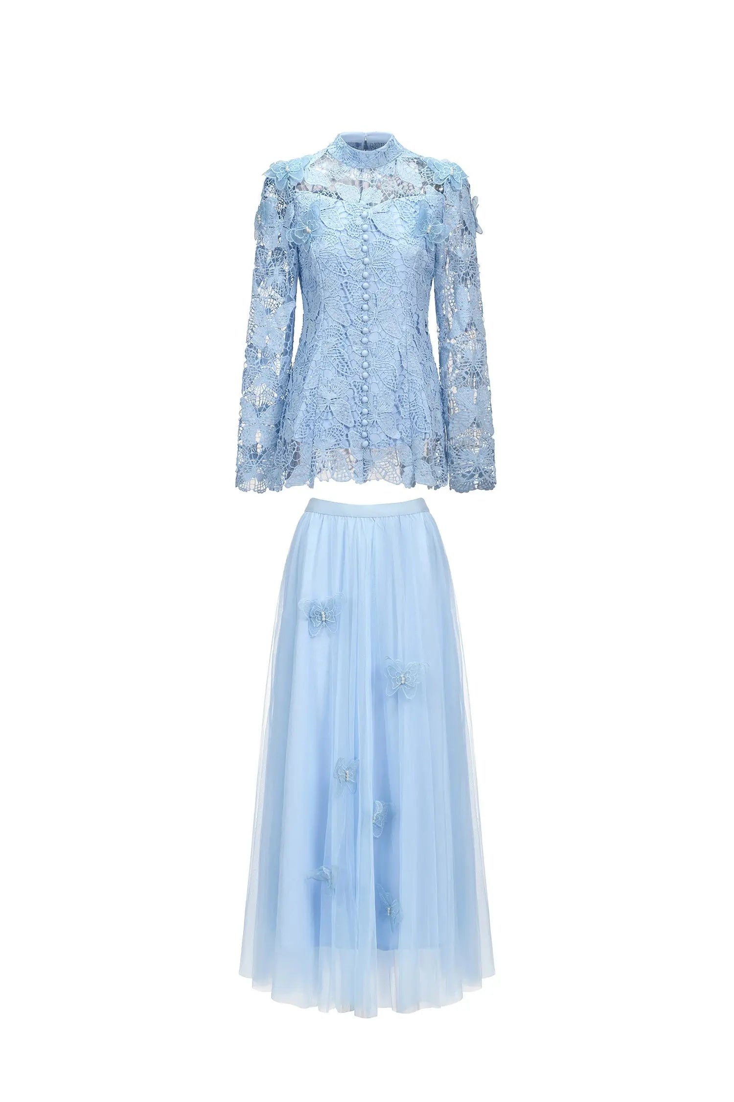 Blue Long Sleeve Folds Lace Top And Skirt Two-Piece Set