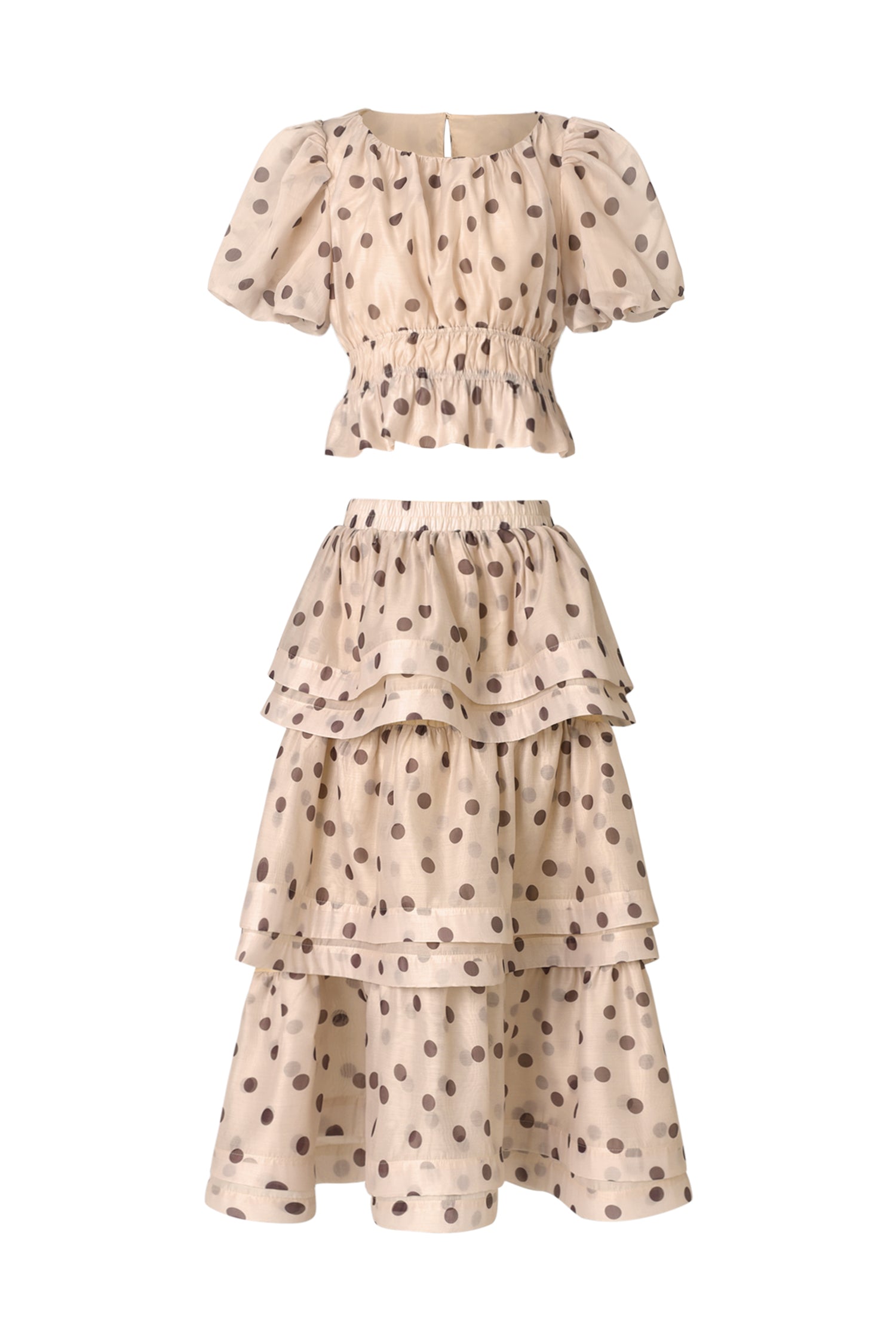 Beige Puff Sleeves Printed Top and Skirt Two-Piece Set