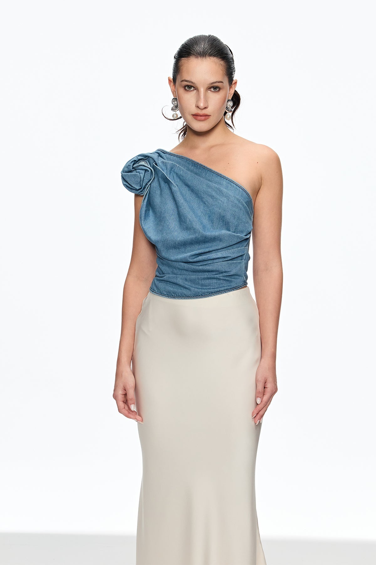 One Shoulder Flower Top in Blue