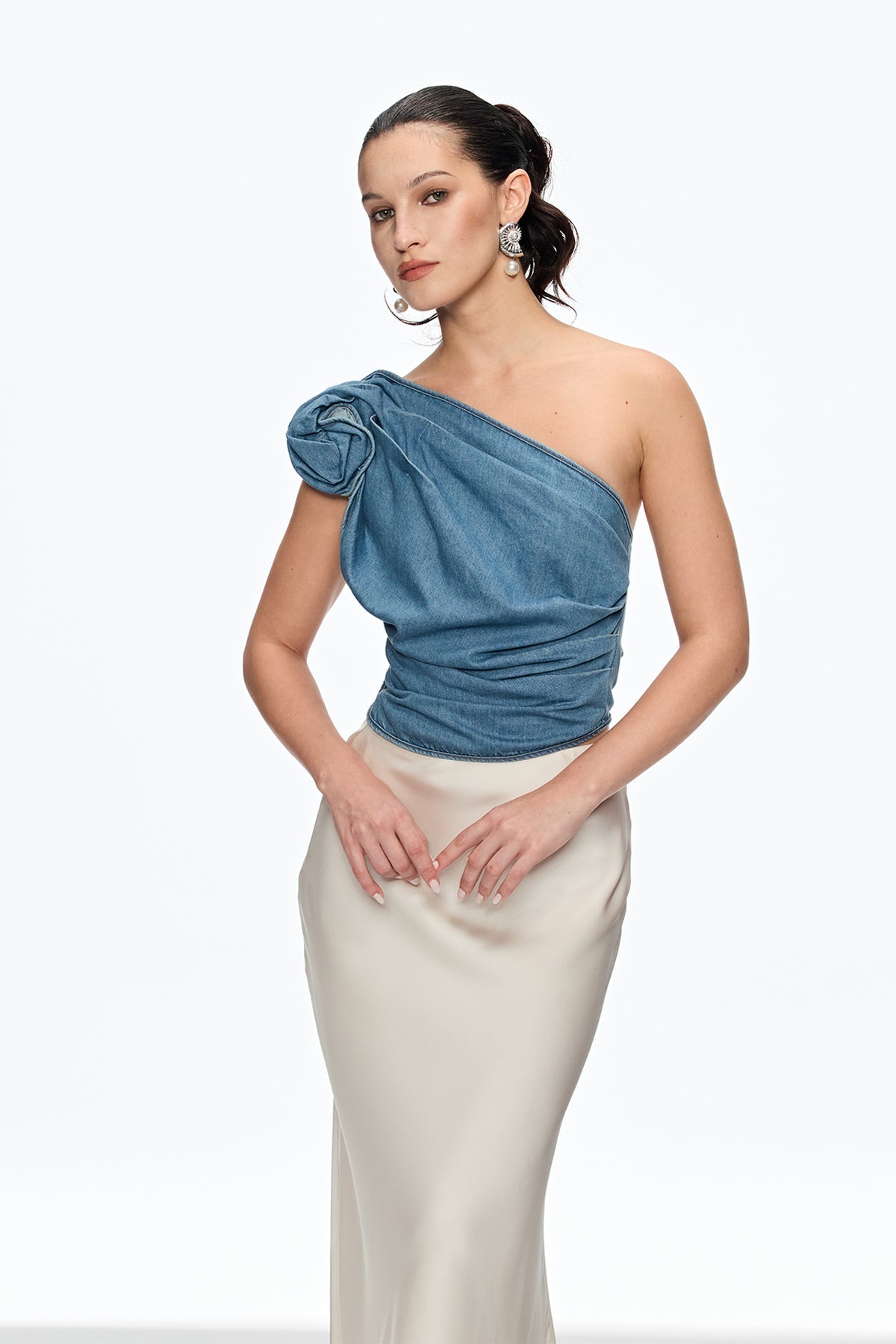 One Shoulder Flower Top in Blue