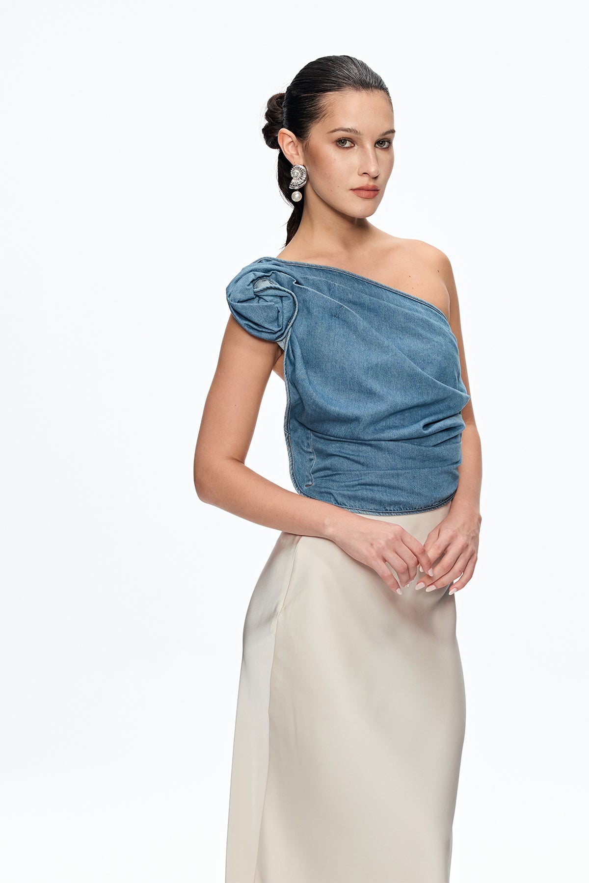 One Shoulder Flower Top in Blue