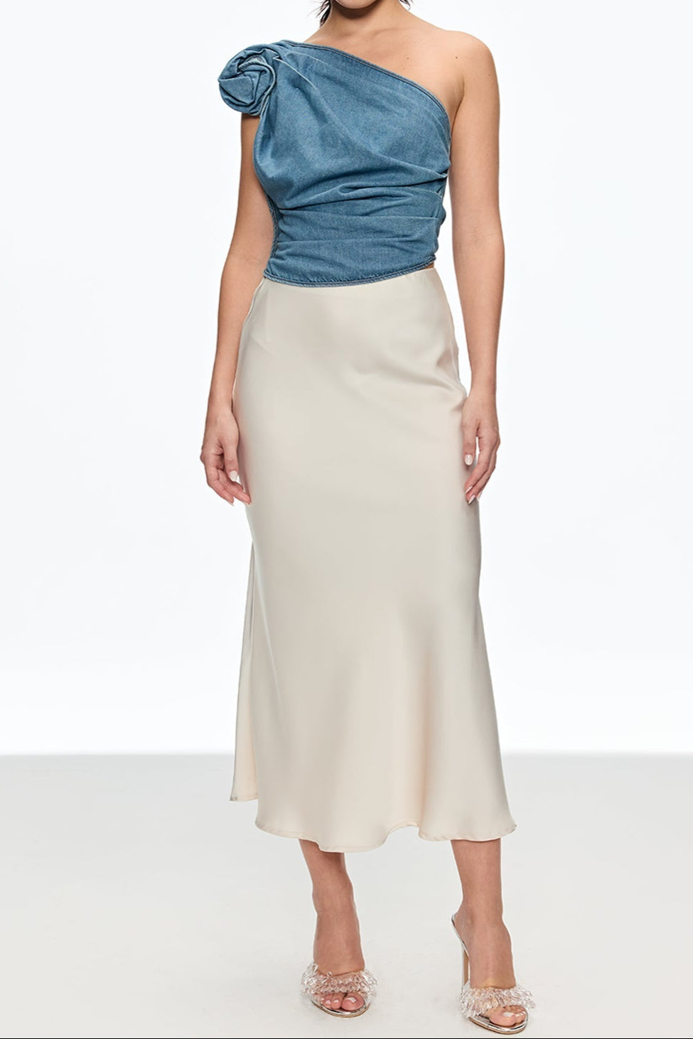 One Shoulder Flower Top in Blue