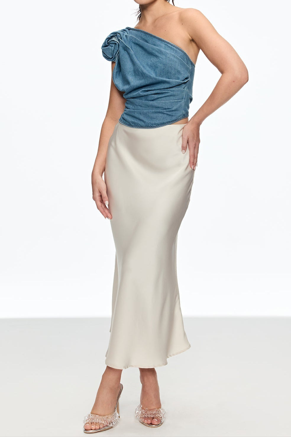 One Shoulder Flower Top in Blue