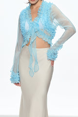 Ruffle Plunge Lace Up Top in Blue