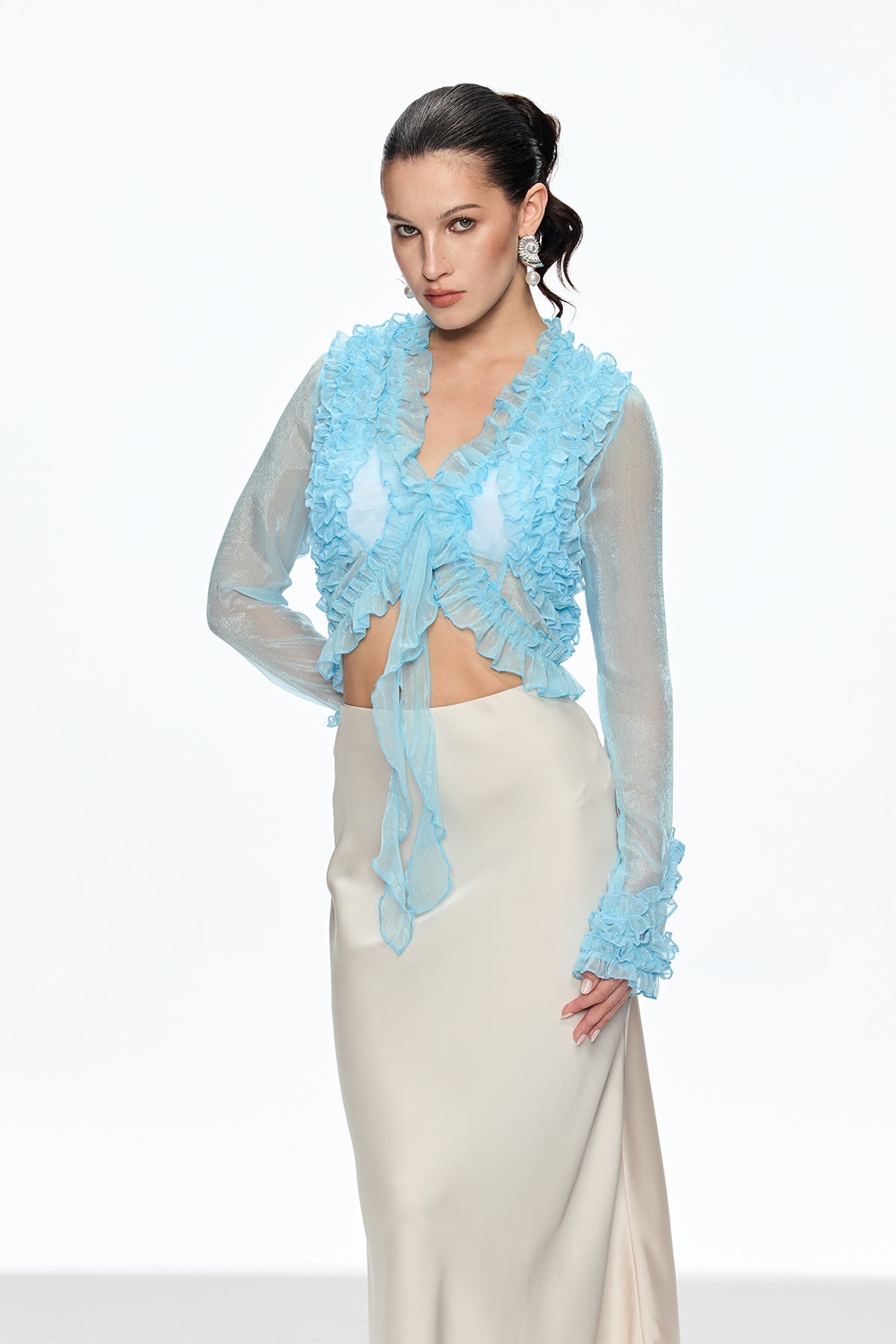 Ruffle Plunge Lace Up Top in Blue