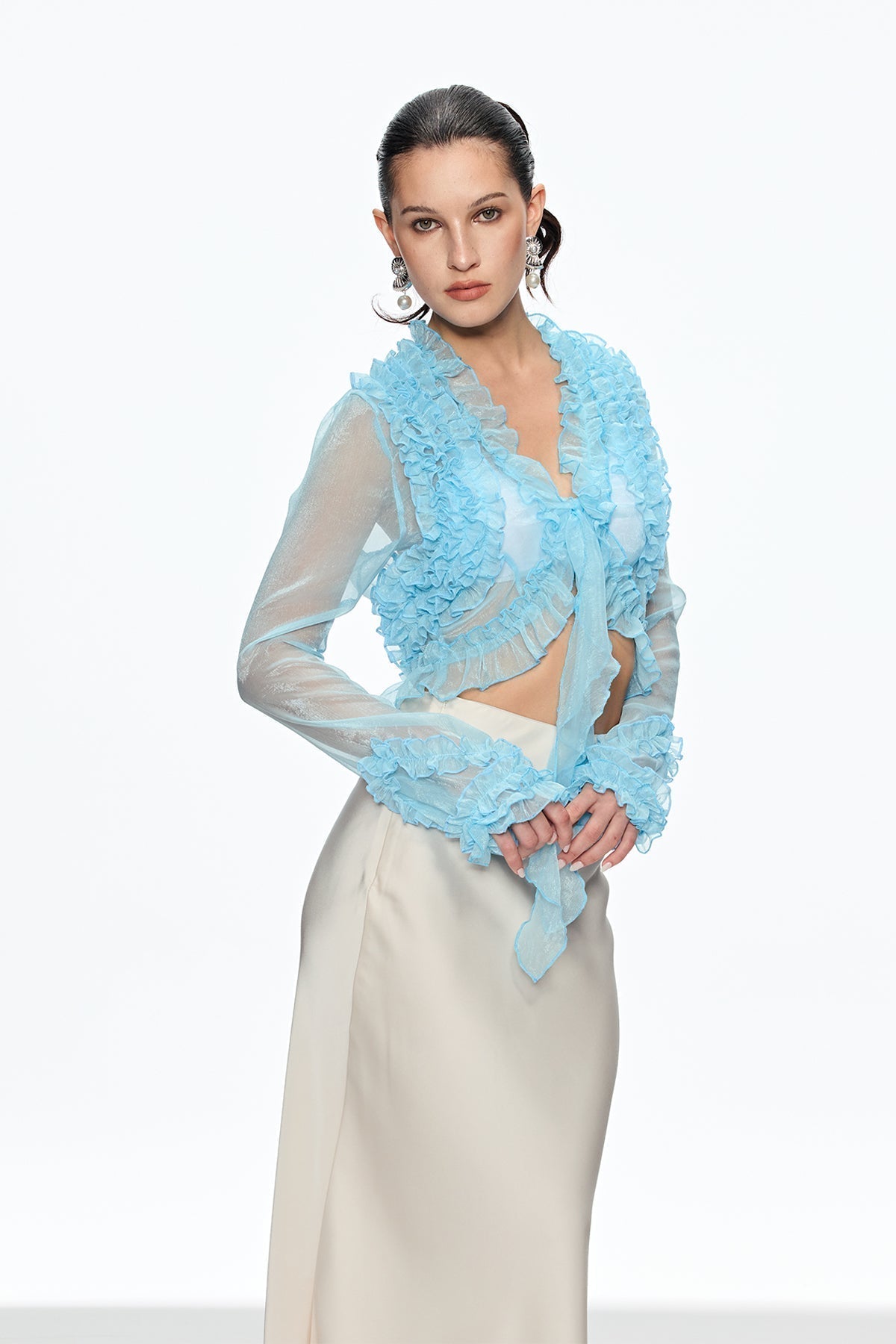 Ruffle Plunge Lace Up Top in Blue