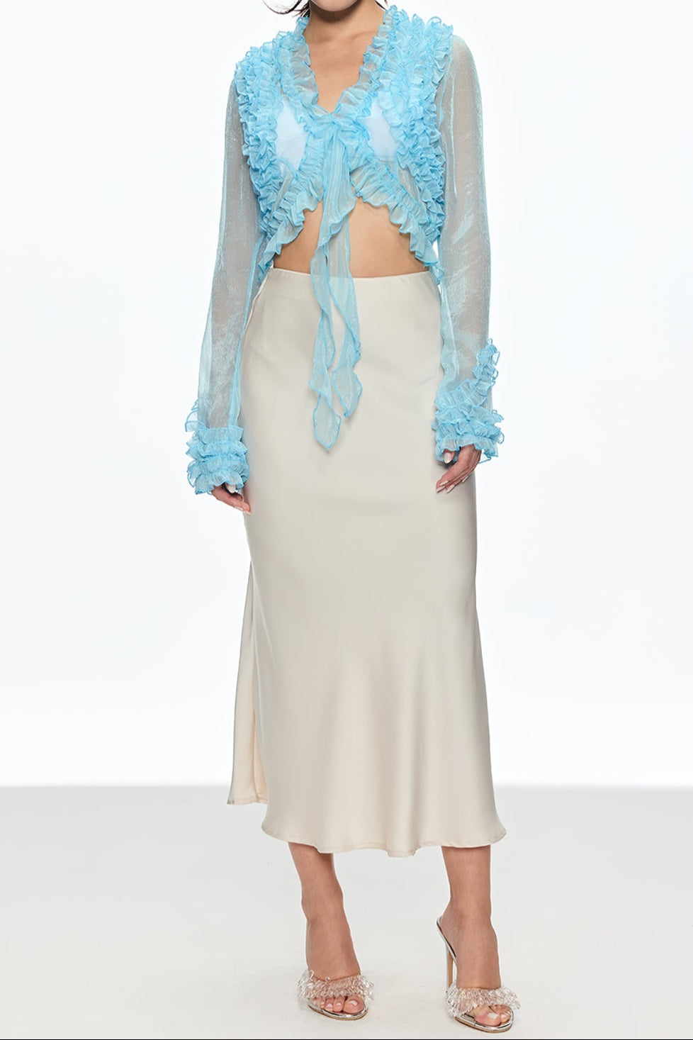 Ruffle Plunge Lace Up Top in Blue