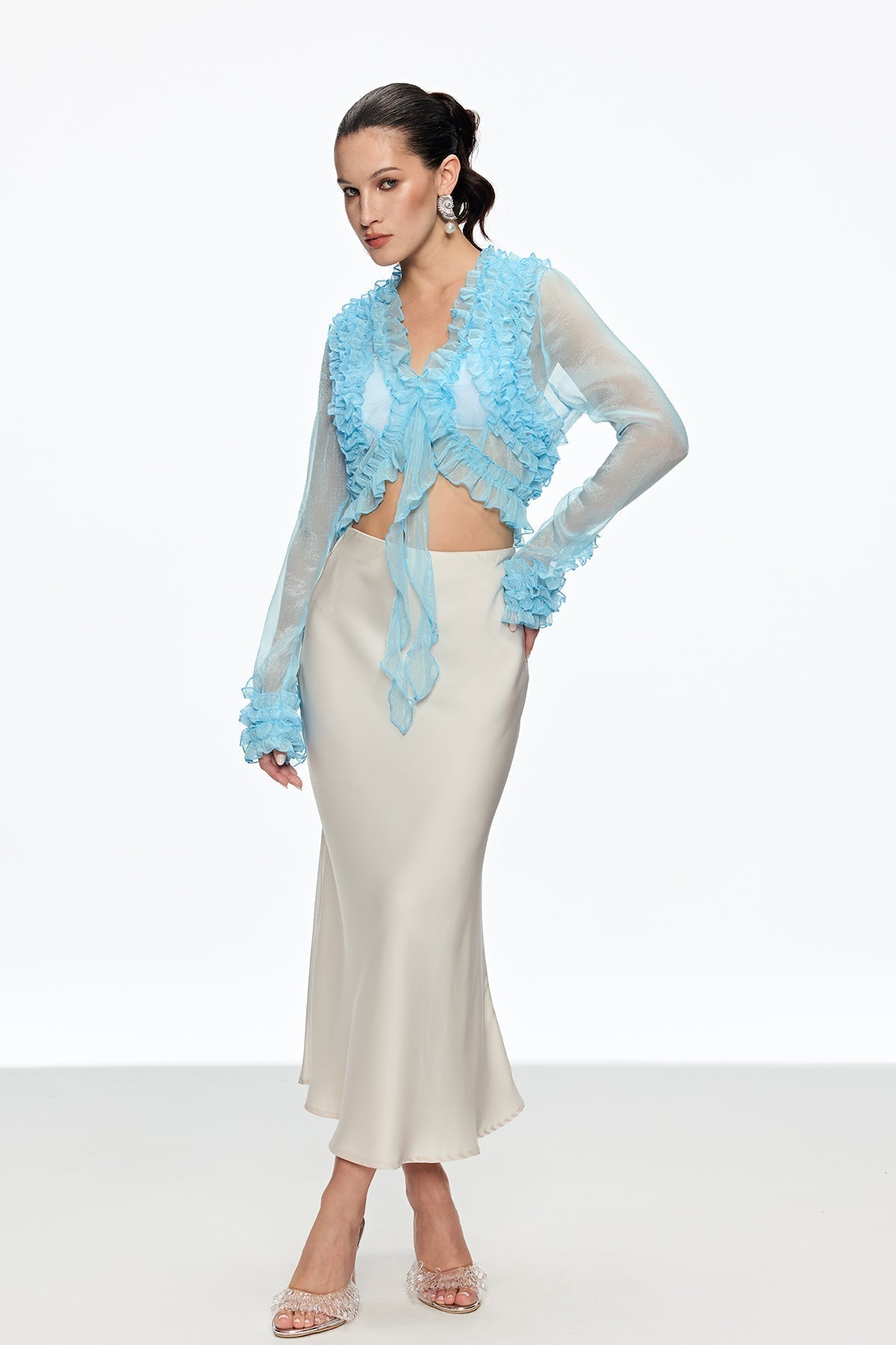 Ruffle Plunge Lace Up Top in Blue