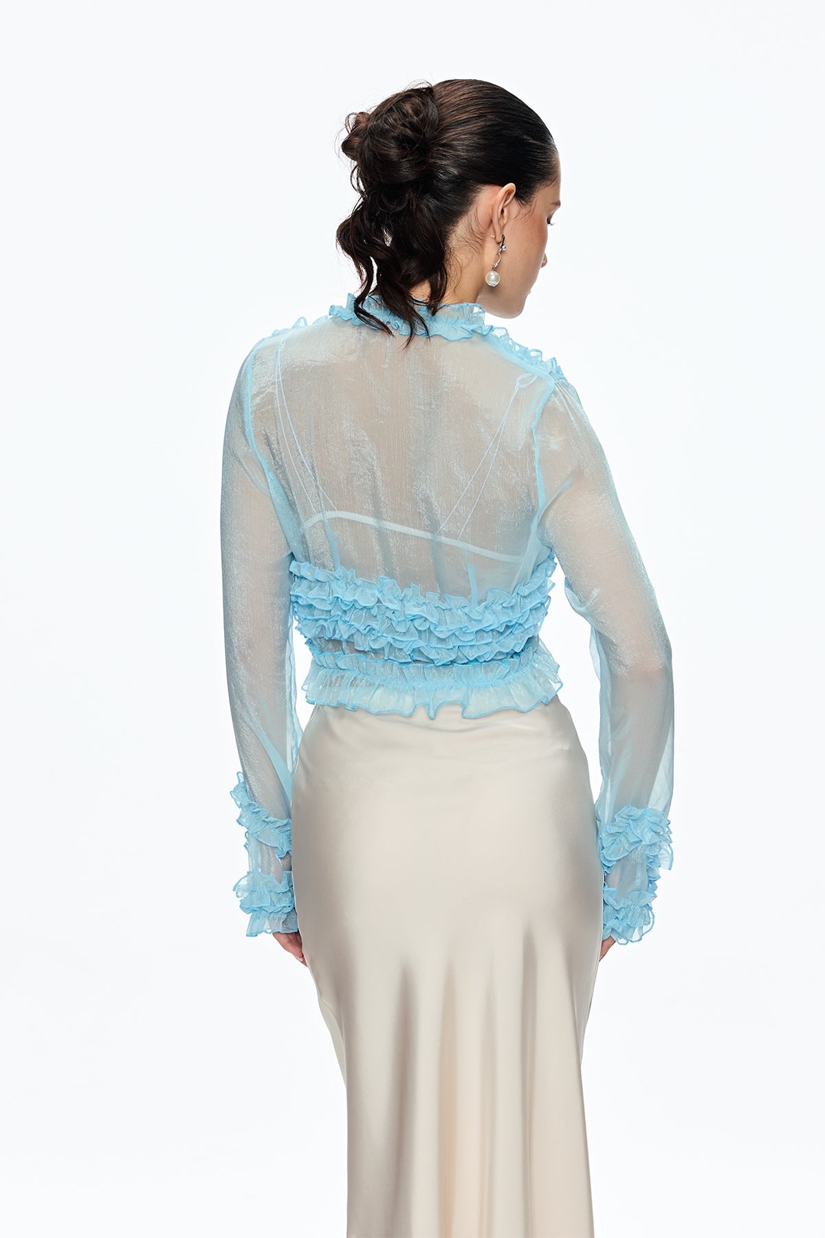 Ruffle Plunge Lace Up Top in Blue