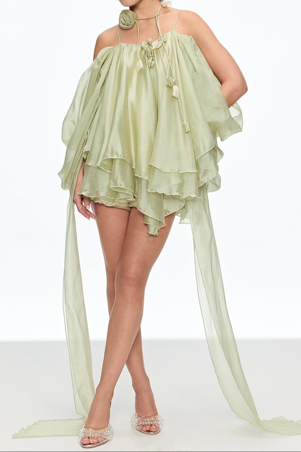 Ruffle Lace Up Fringe Mini Dress in Green