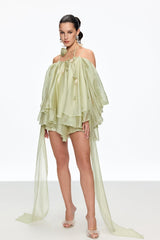 Ruffle Lace Up Fringe Mini Dress in Green
