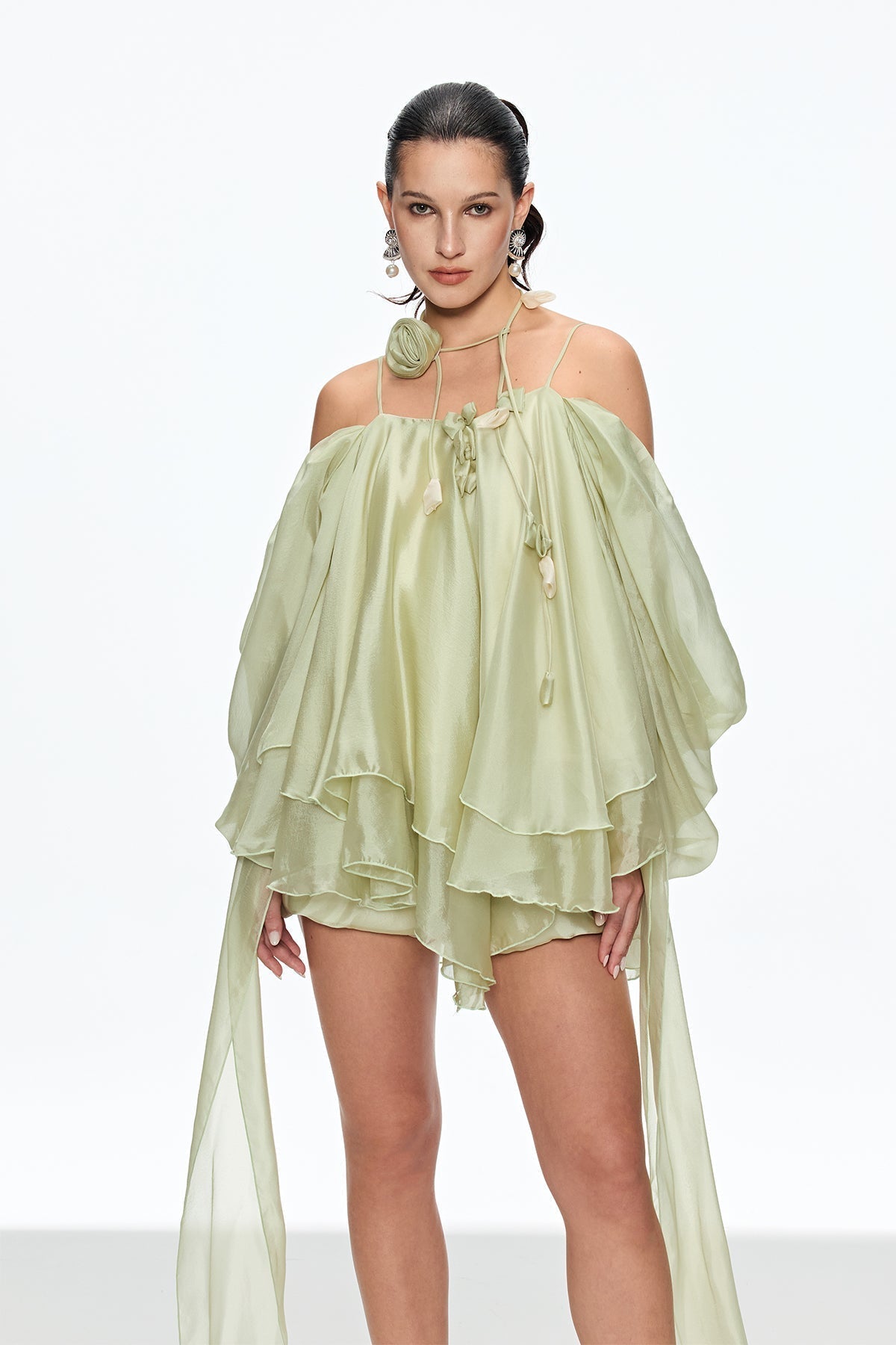 Ruffle Lace Up Fringe Mini Dress in Green