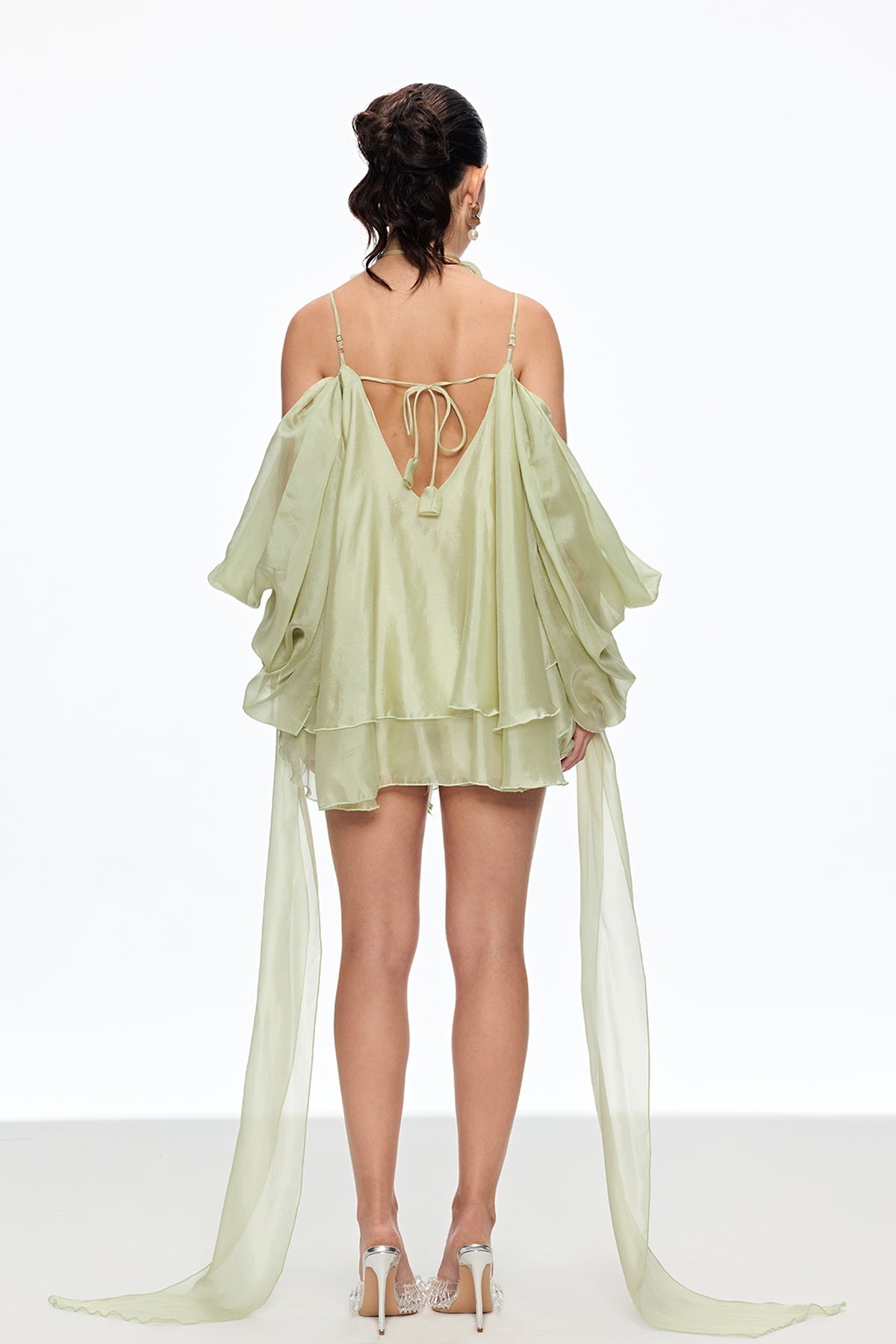 Ruffle Lace Up Fringe Mini Dress in Green
