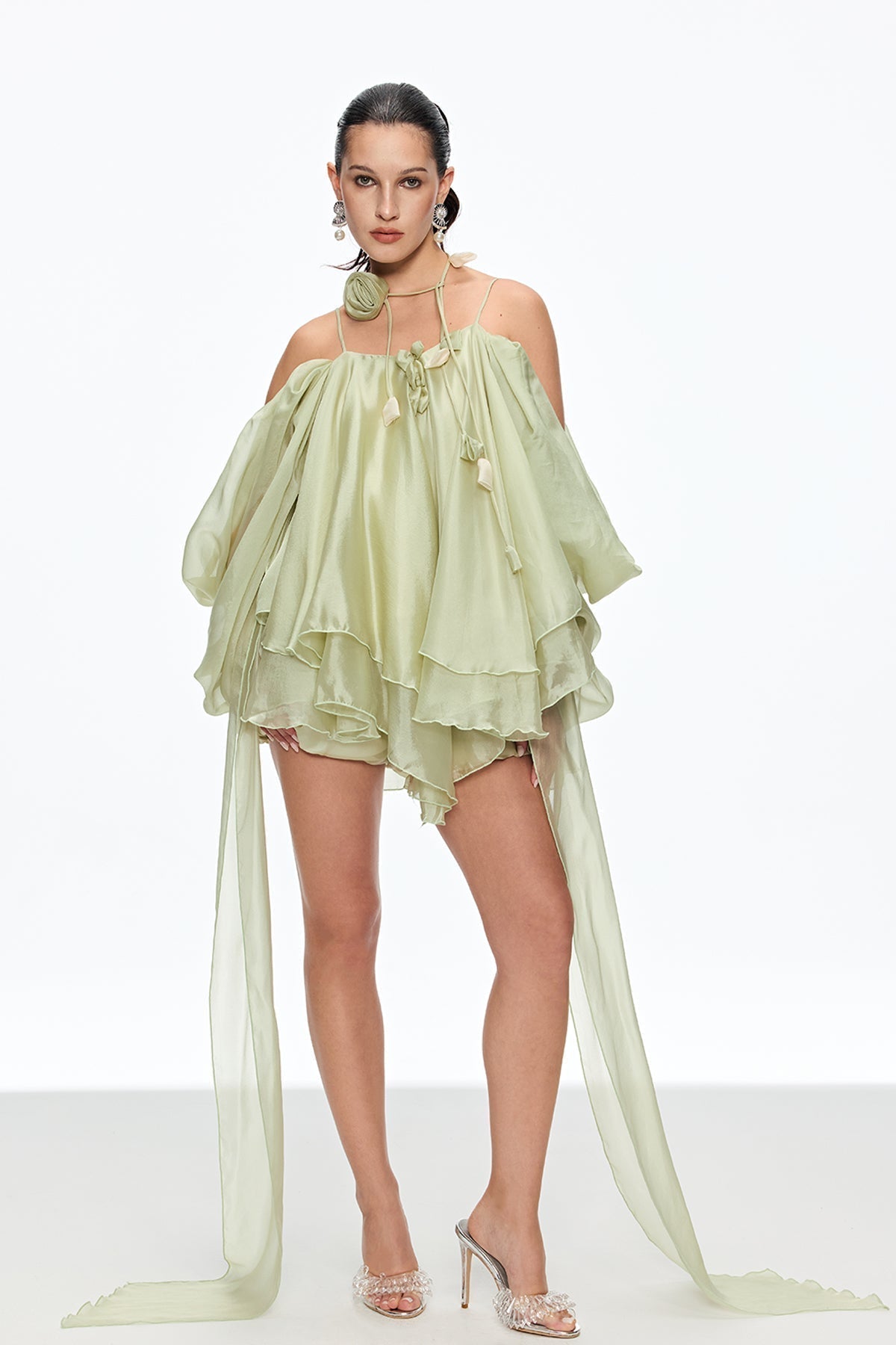 Ruffle Lace Up Fringe Mini Dress in Green
