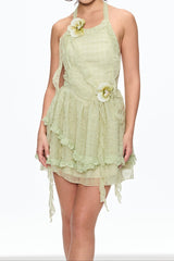 Flower Fringe Mini Dress in Green