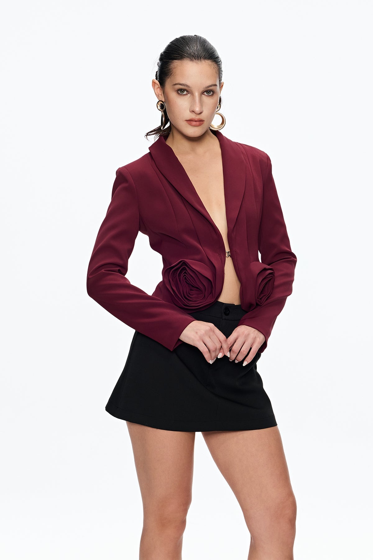 Flower Plunge Blazer in Burgundy