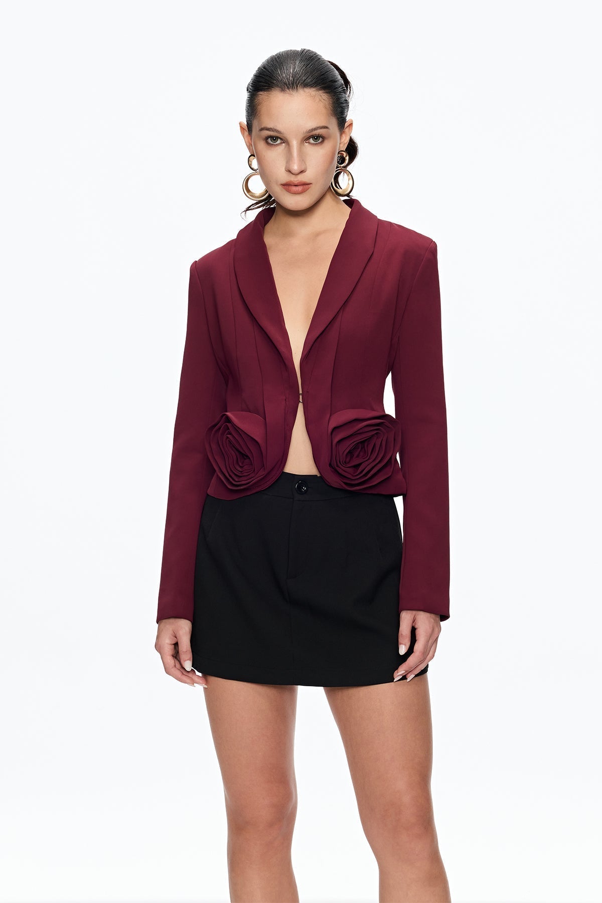 Flower Plunge Blazer in Burgundy