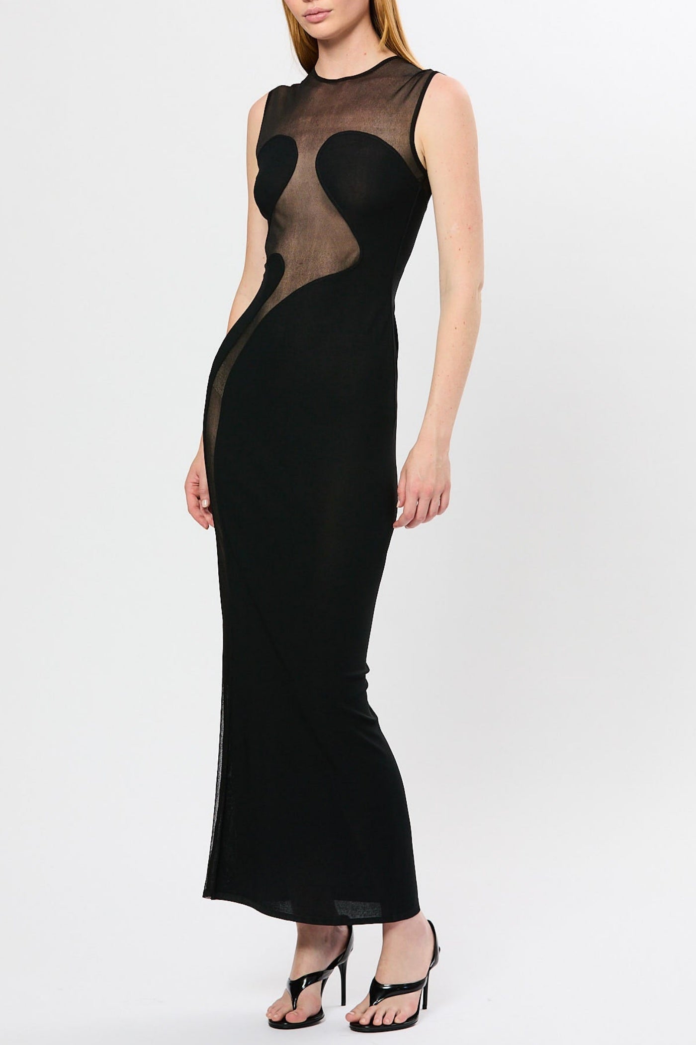 Mesh Paneled Maxi Bandage Dress in Black