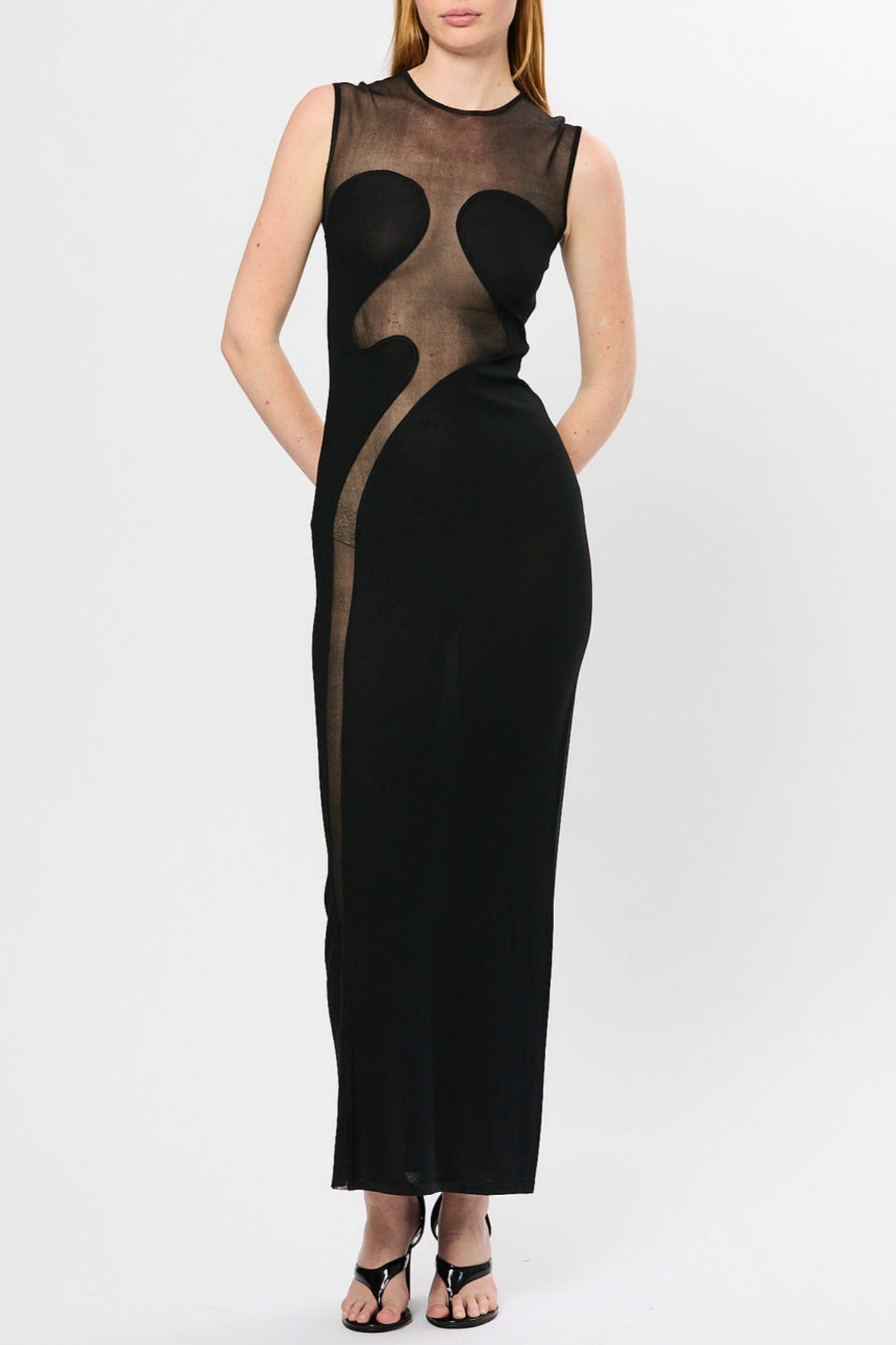 Mesh Paneled Maxi Bandage Dress in Black