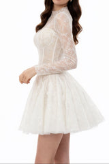 High Neck Long Sleeve Sheer Lace Fit &amp; Flare Mini Dress