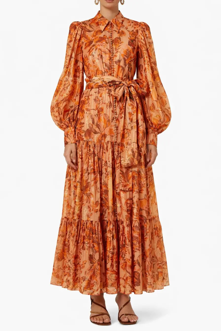 Printed Balloon Sleeve Maxi Dress in Brown