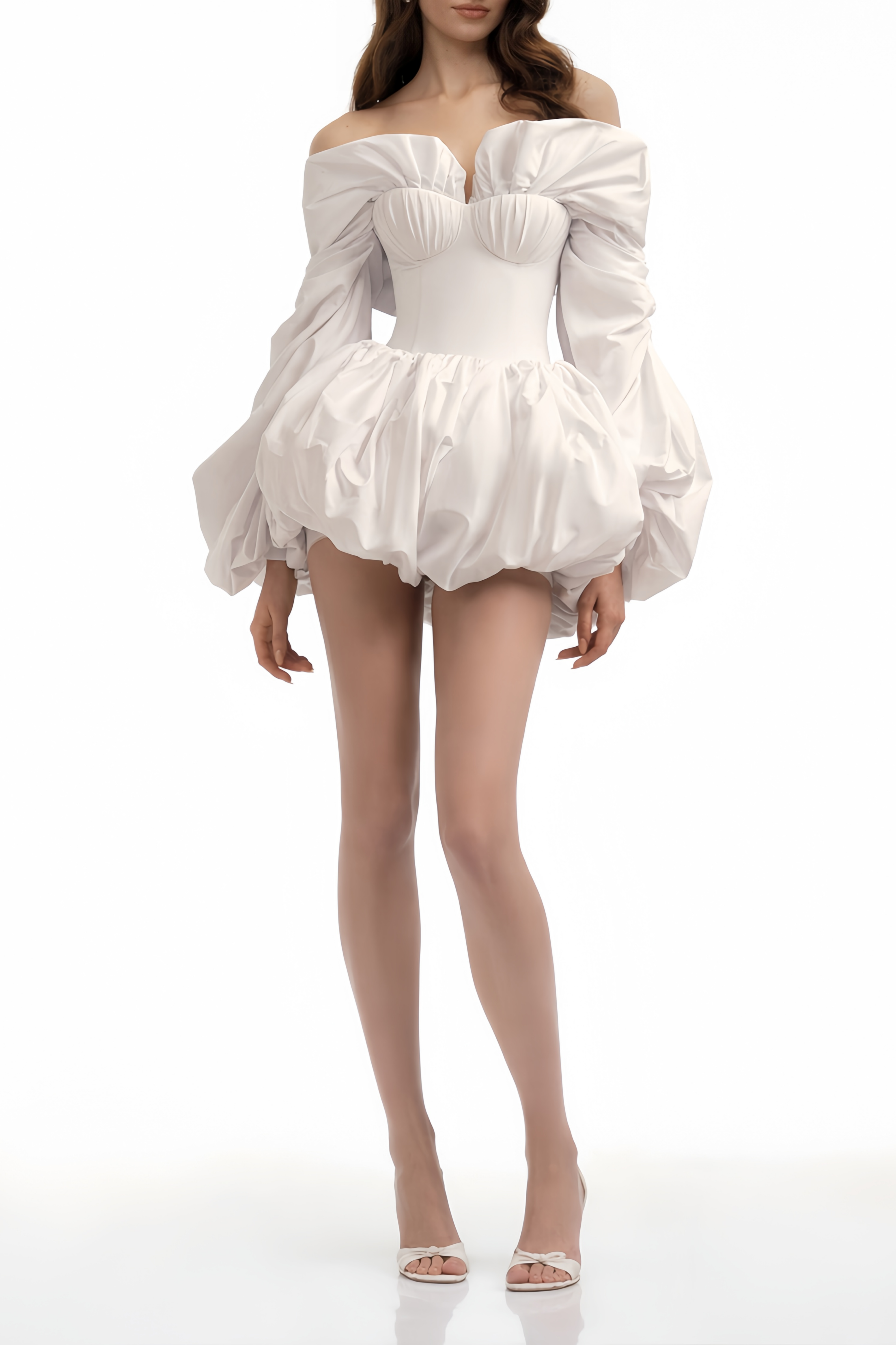 White Off-Shoulder Ruched BlouSequin & Skirt Set