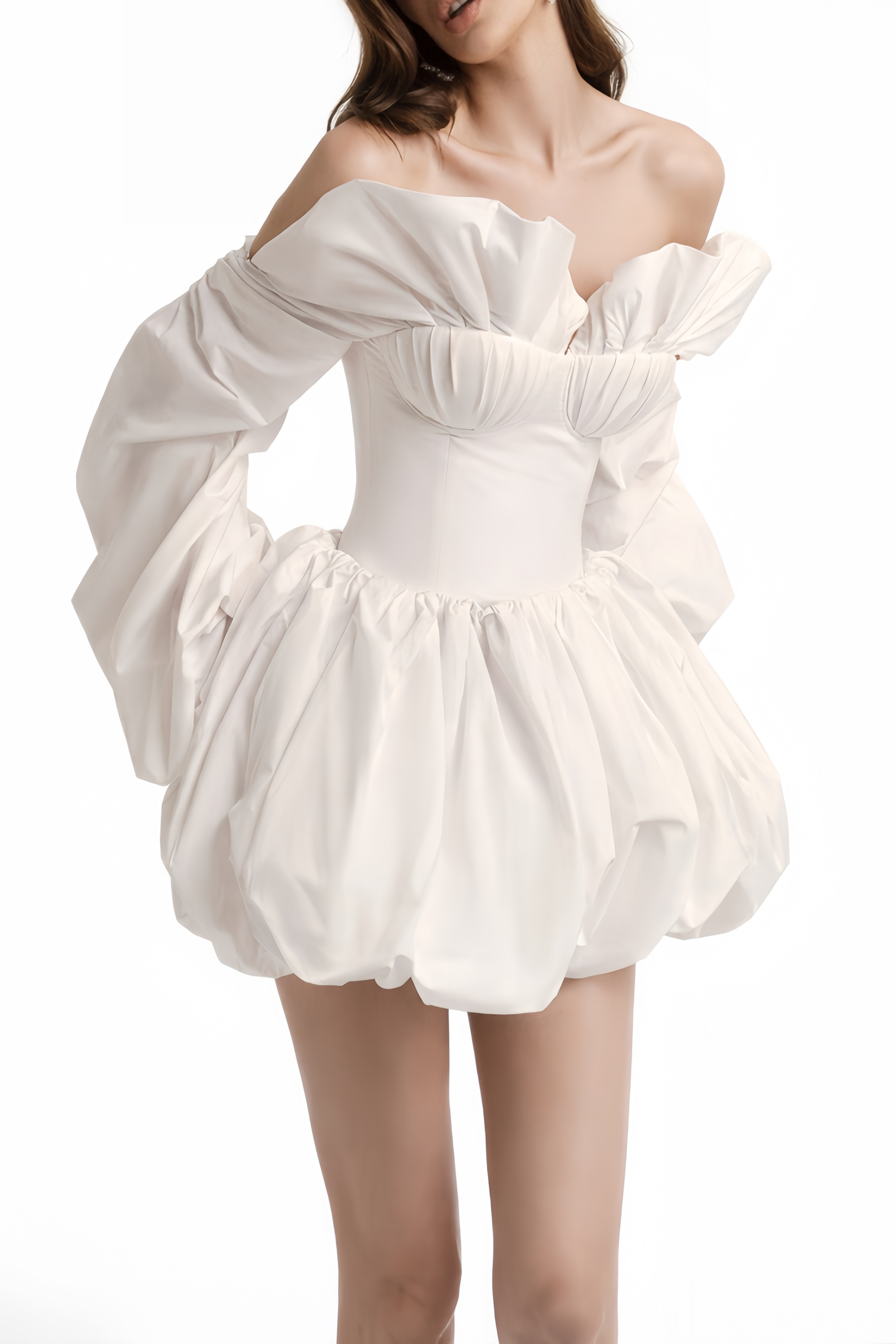 White Off-Shoulder Ruched BlouSequin & Skirt Set