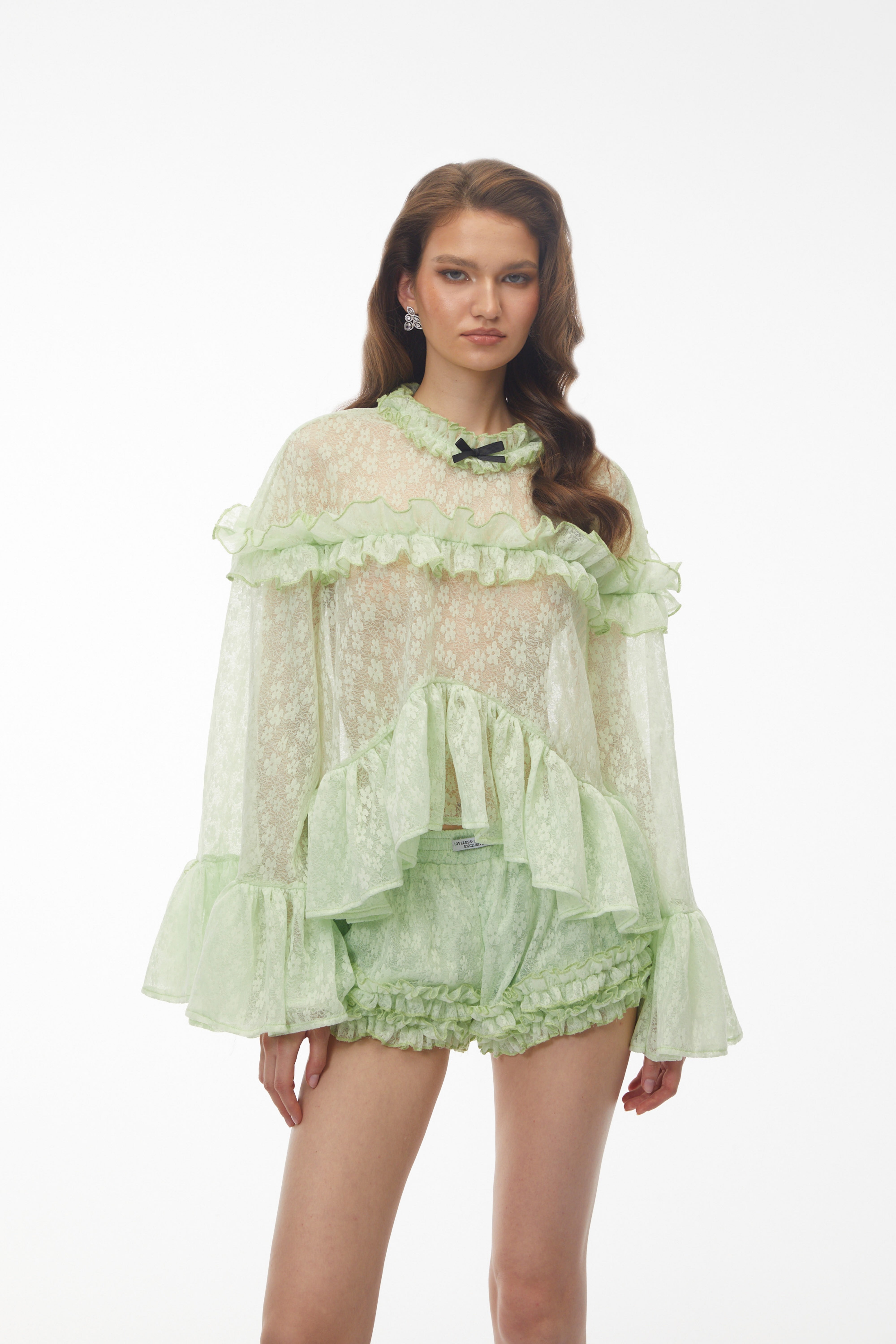 Green Floral Lace Ruffled Top & Shorts Set