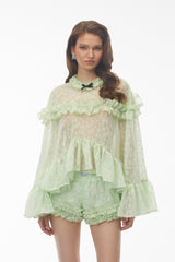 Green Floral Lace Ruffled Top & Shorts Set