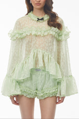 Green Floral Lace Ruffled Top & Shorts Set
