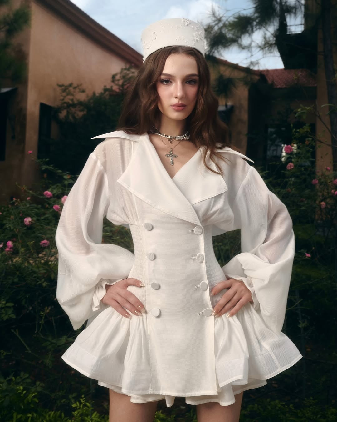 Aenobia Large Button Puff Sleeve Mini Dress in White