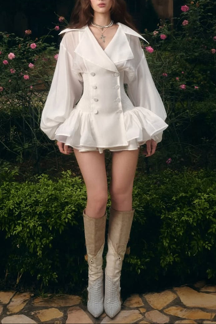 Aenobia Large Button Puff Sleeve Mini Dress in White