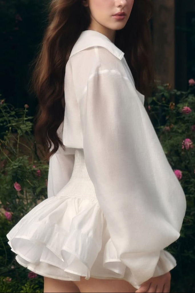 Aenobia Large Button Puff Sleeve Mini Dress in White
