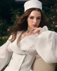 Aenobia Large Button Puff Sleeve Mini Dress in White