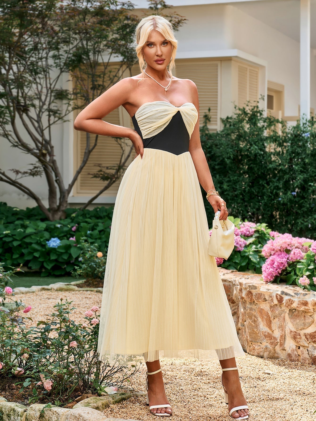 Contrast Ruched Bust Mesh Midi Dress